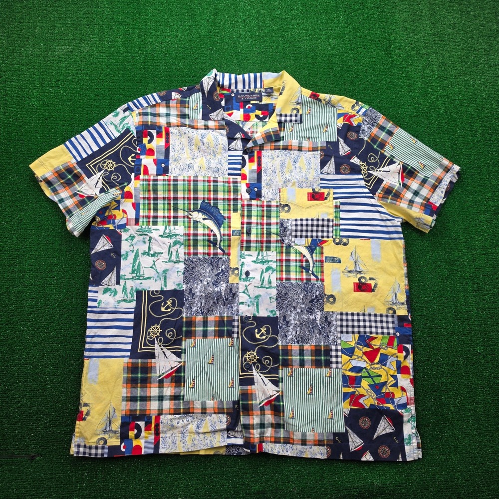Roundtree & Yorke Nautical Patchwork Camp Shirt Mens XL Marlin Sailboat Beach